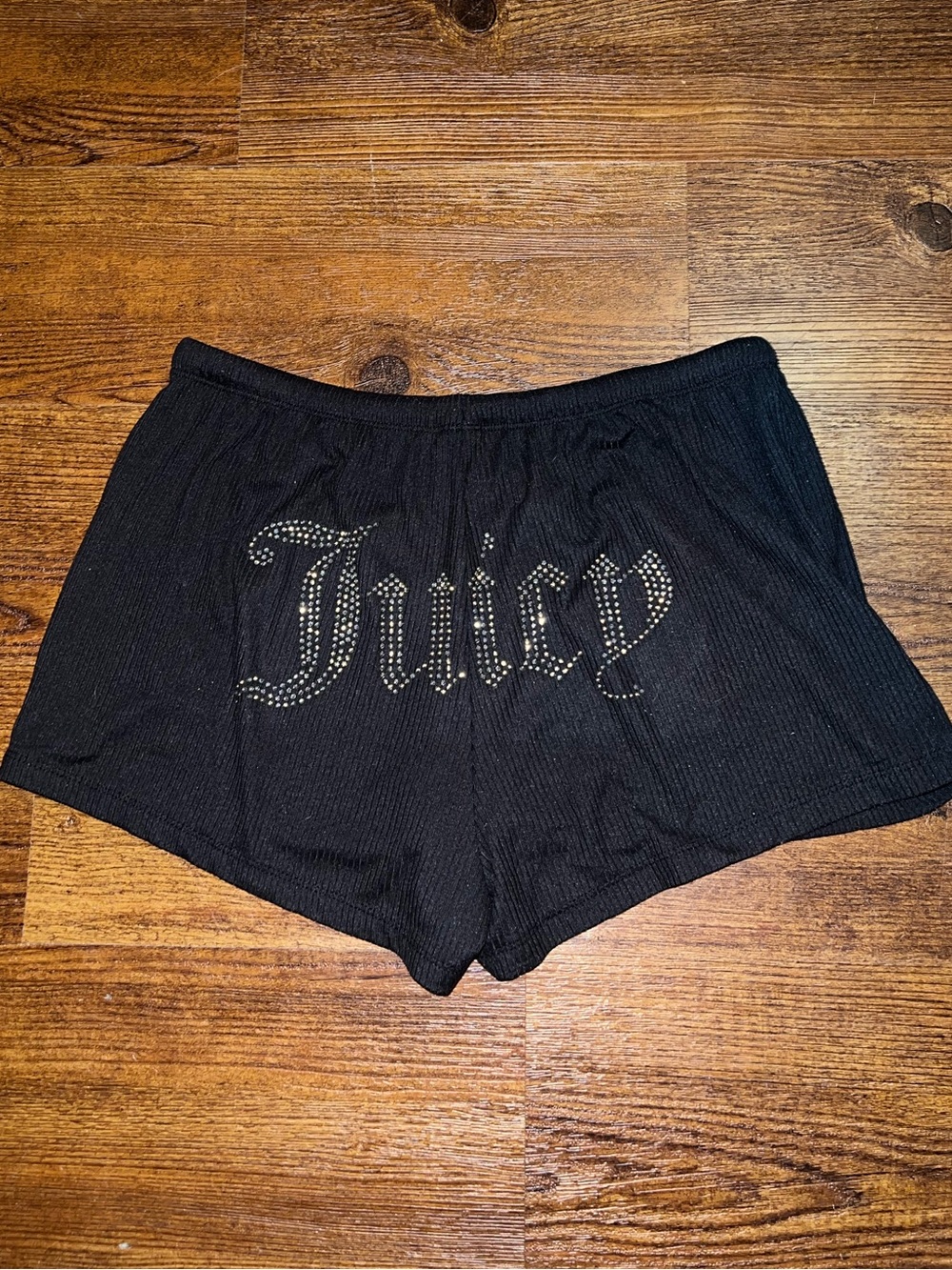 Juicy Couture Black Bling Silver Logo Ribbed Lounge Drawstring Shorts Y2K Size M - Picture 3 of 7